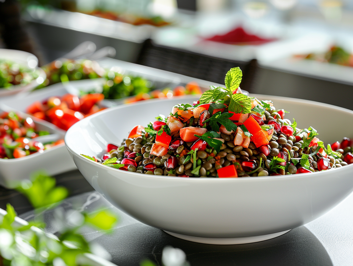 Orientalischer Linsensalat mit Paprika, Granatapfel, Minze und  Koriander