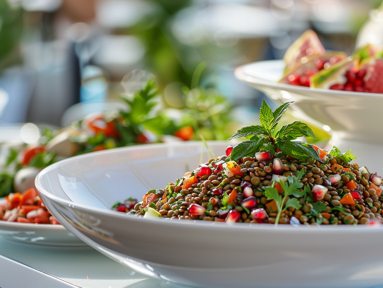 Orientalischer Linsensalat mit Paprika, Granatapfel, Minze und  Koriander